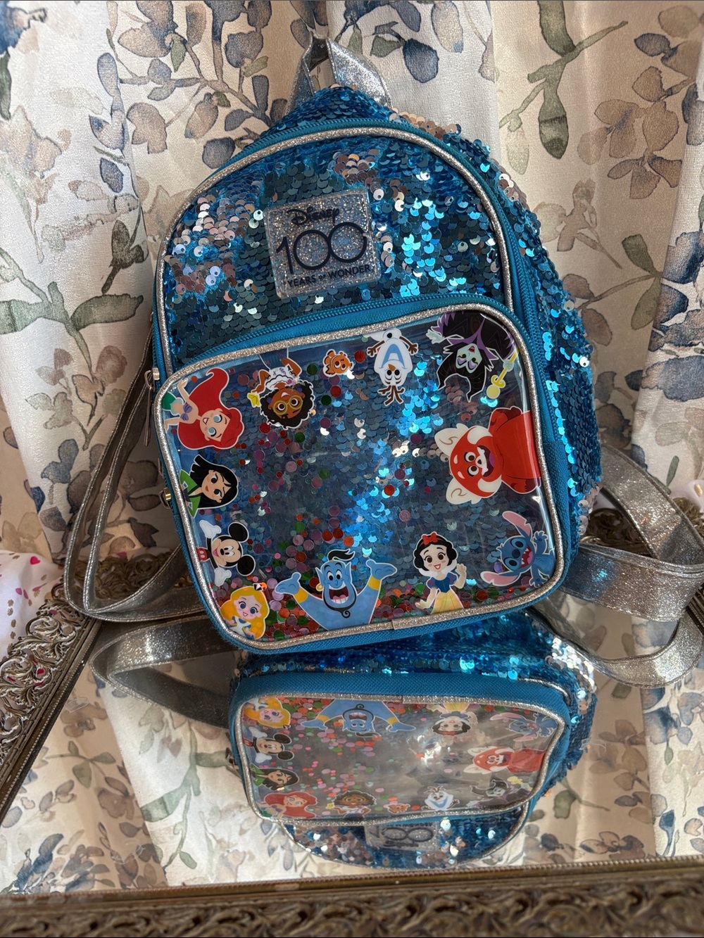 Disney Blue Sequin Kids Backpack with Classic Character Patch